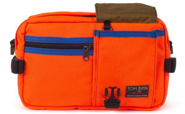 The LGD in Orange-152/Royal/Coyote. Front view, front buckle pocket lifted up to show the Coyote lining.